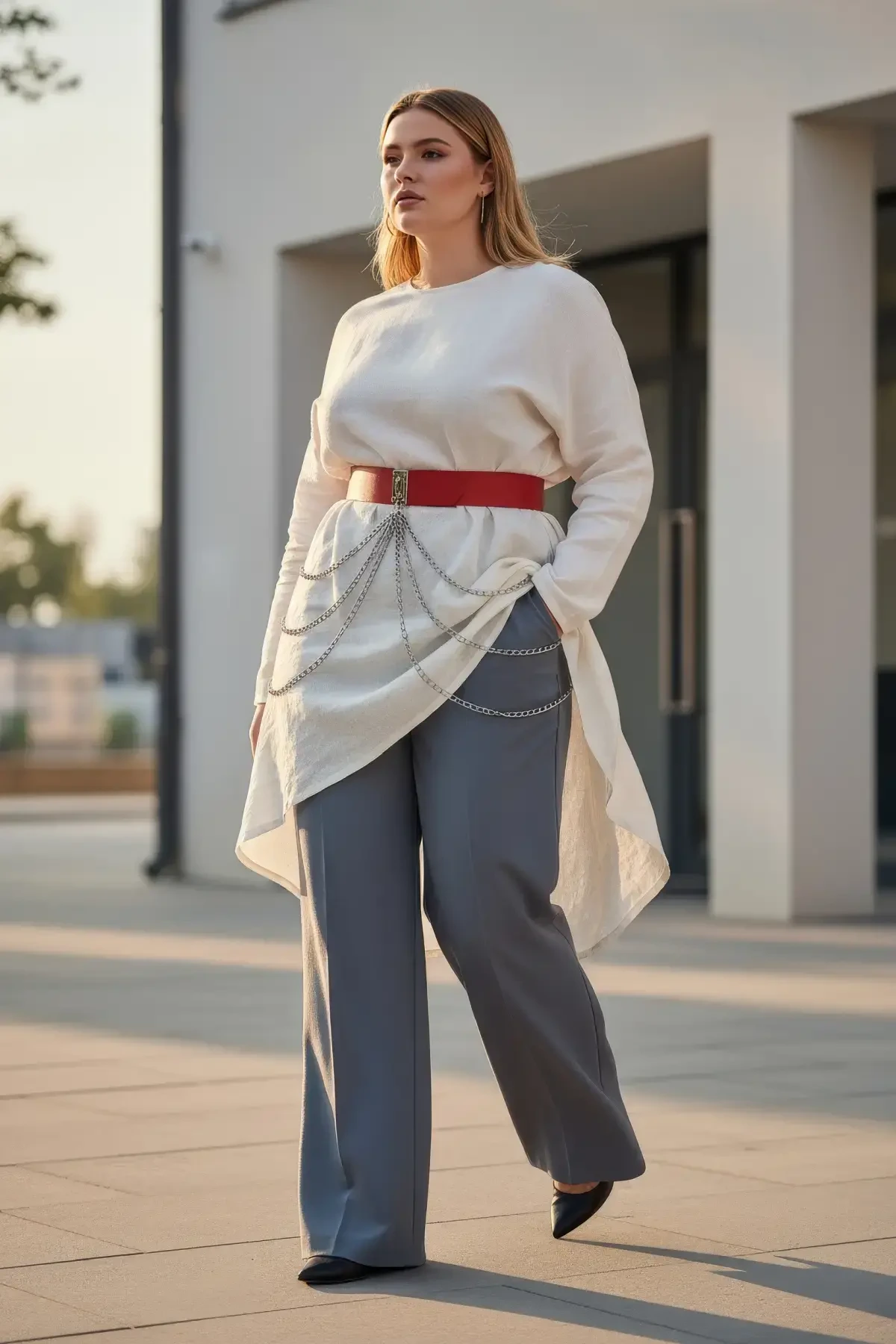 Large Size Red Women's Belt Thick Chain Detailed Dress Combination Belt - APFT904