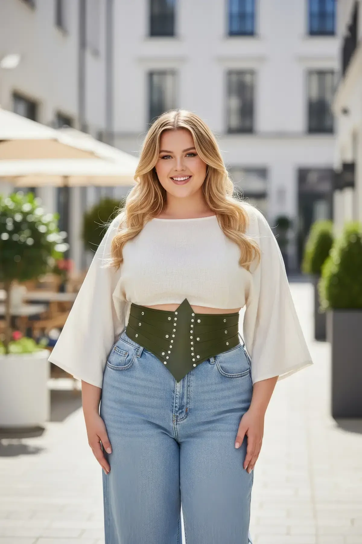 Plus Size Khaki Women's Corset Belt, Thick Waist Accessory with Staple Detail - APFT905