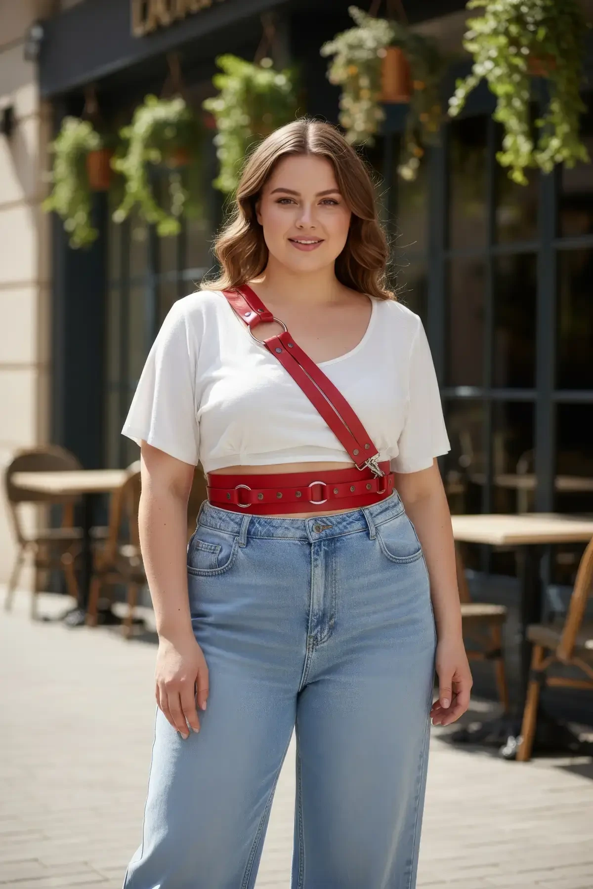 Plus Size Red Women's Belt & Ring Detailed Leather Body Accessory - APFT915