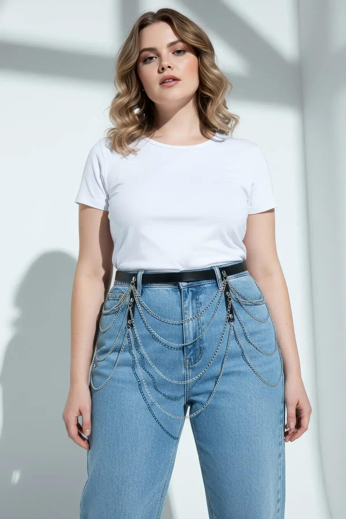 Large Size Black Women's Belt with Multiple Chain Detail, Aesthetic Design - APFT921