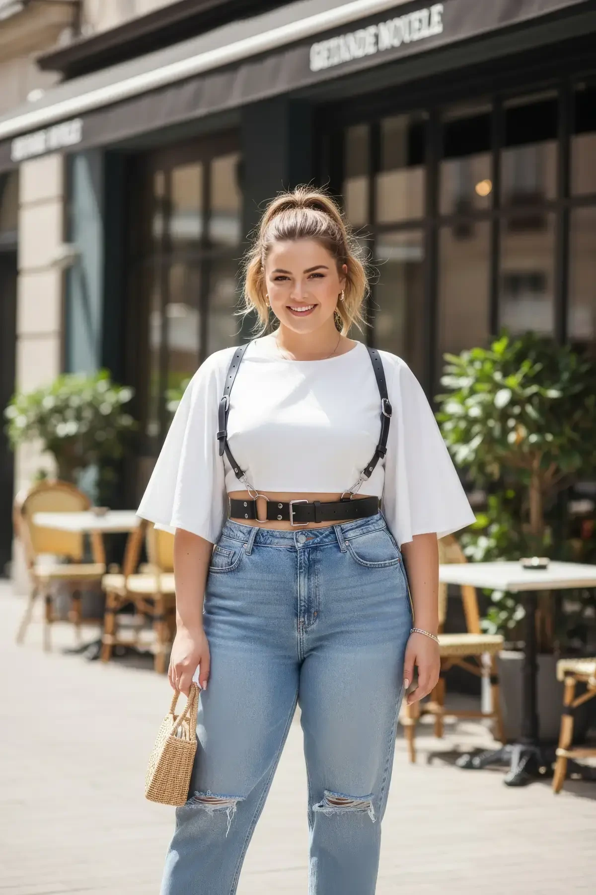 Plus Size Black Women's Belt Leather Harness Style Ring Detailed Body Accessory - APFT934