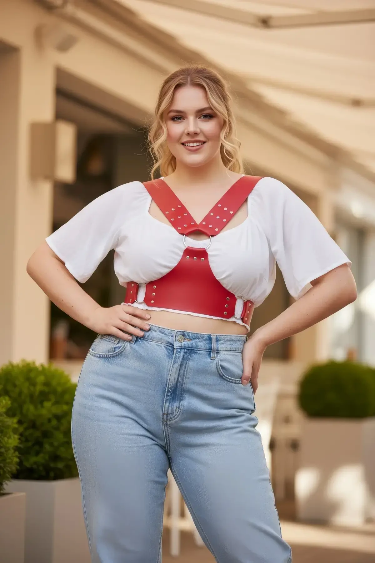 Plus Size Red Women's Belt Leather Corset Style Studded Suspender - APFT936