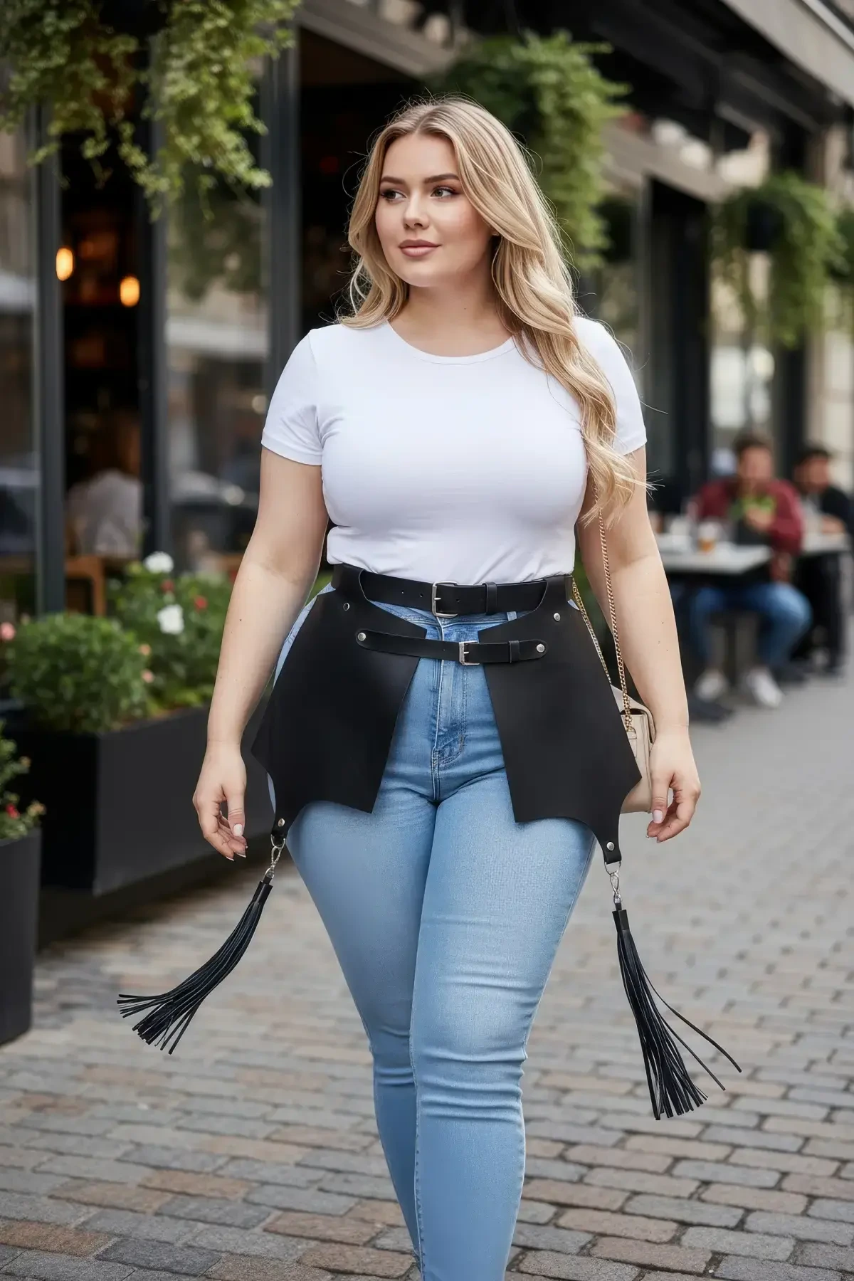 Plus Size Black Leather Belt Corset Style Skirt Detailed with Tassels - APFT985