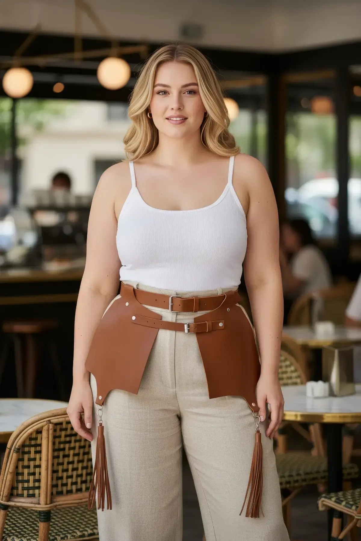 Plus Size Tan Women's Leather Belt, Corset and Tassel Detailed Harness - APFT985