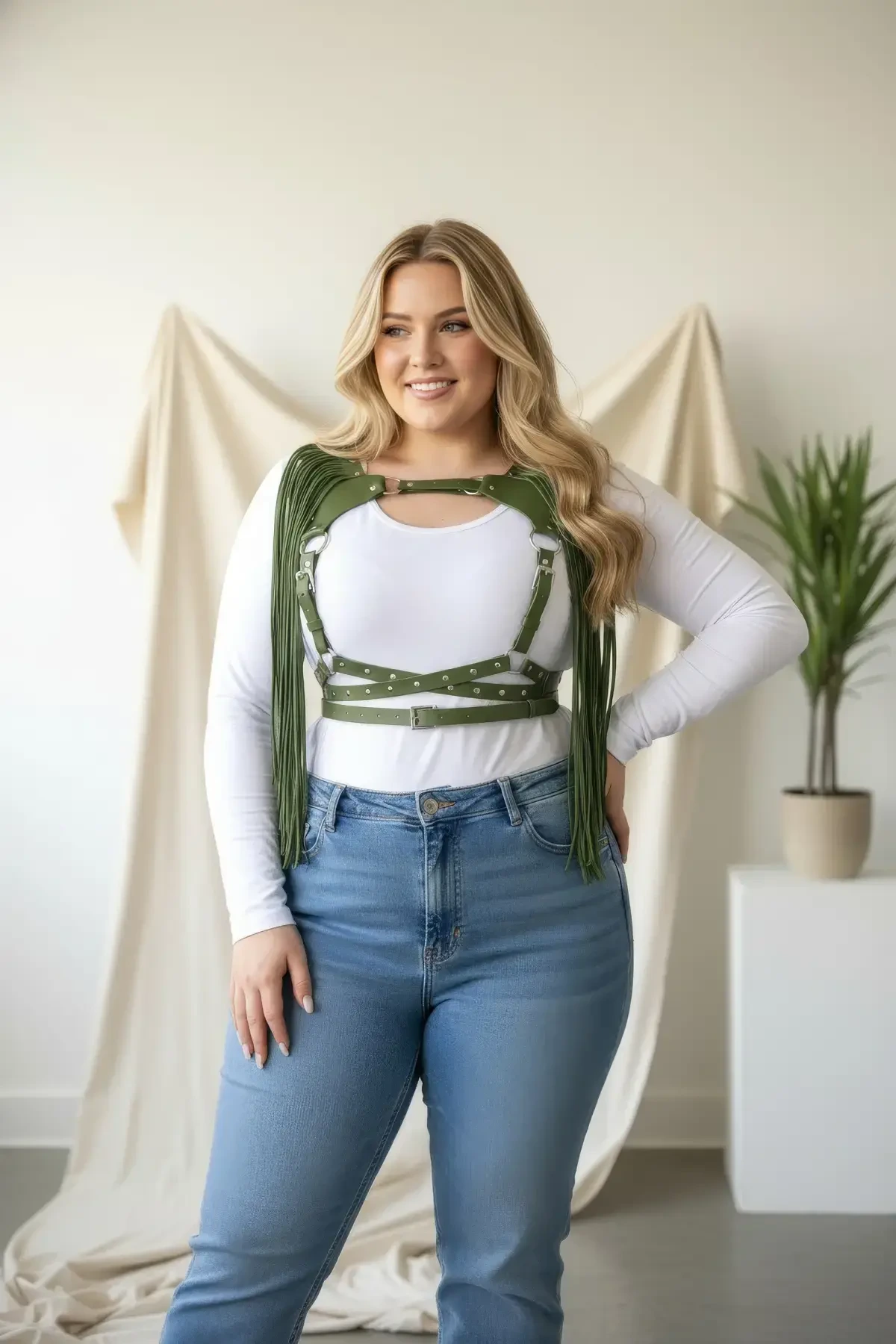 Plus Size Khaki Women's Leather Belt Tasseled Body Accessory - APFT999