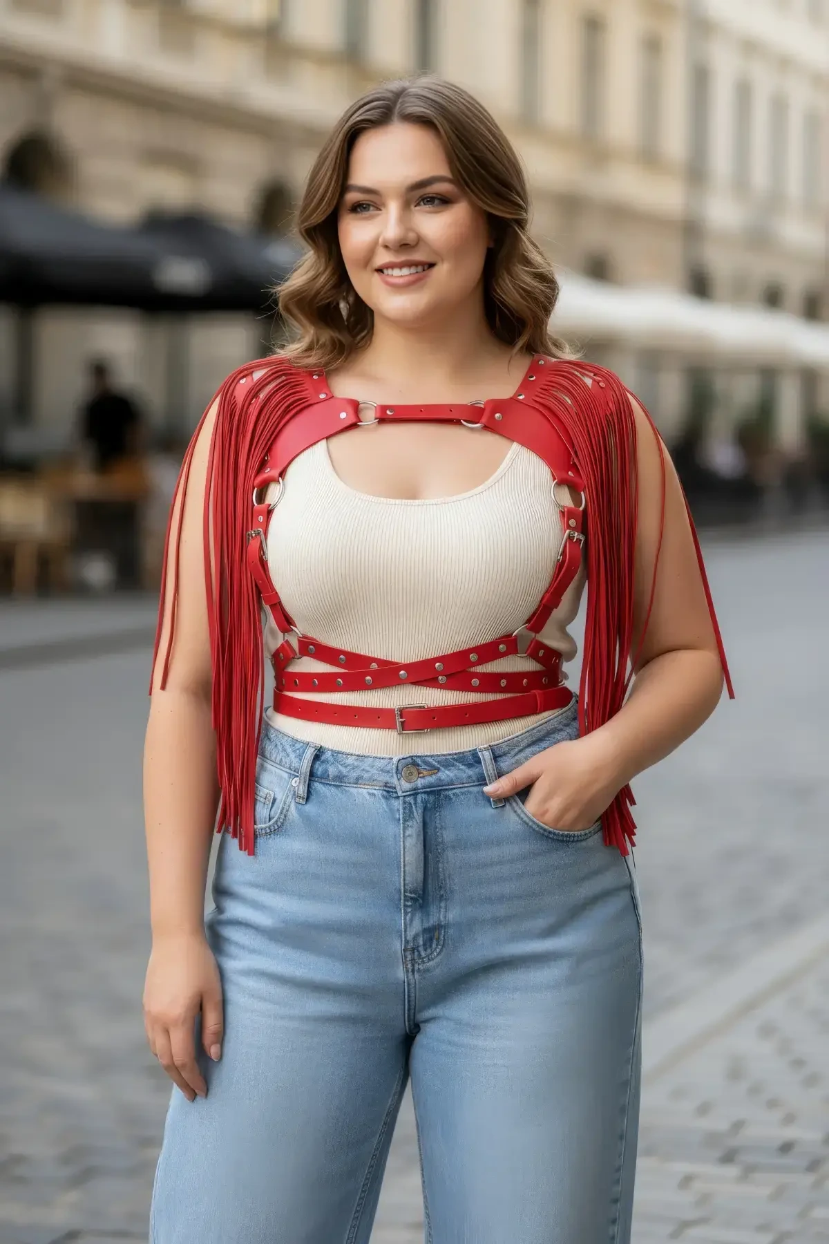 Plus Size Red Women's Belt Tasseled Leather Harness Body Accessory - APFT999