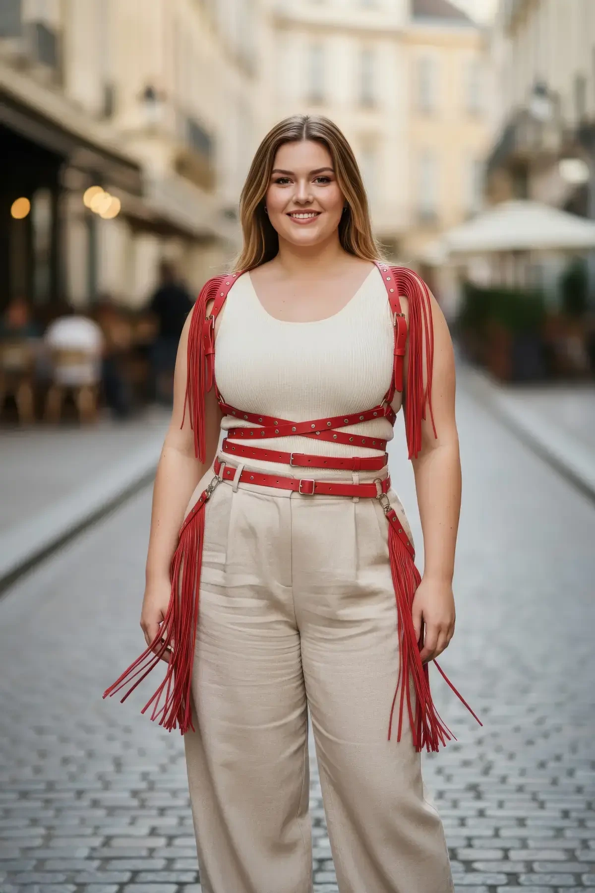 Plus Size Red Women's Belt Tassel Detailed Leather Body Accessory - APFT1005