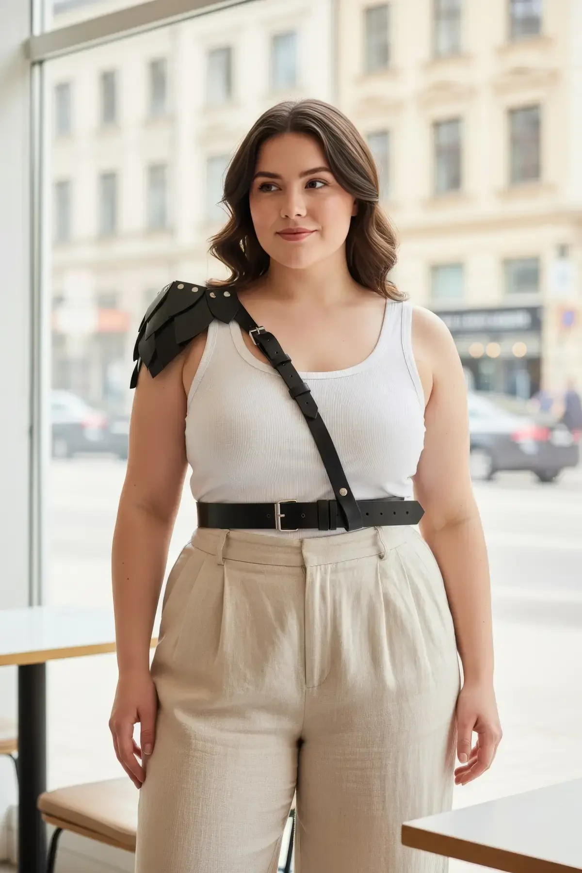 Large Size Black Women's Belt, Genuine Leather Combination Accessory with Shoulder Harness Detail - APFT1033