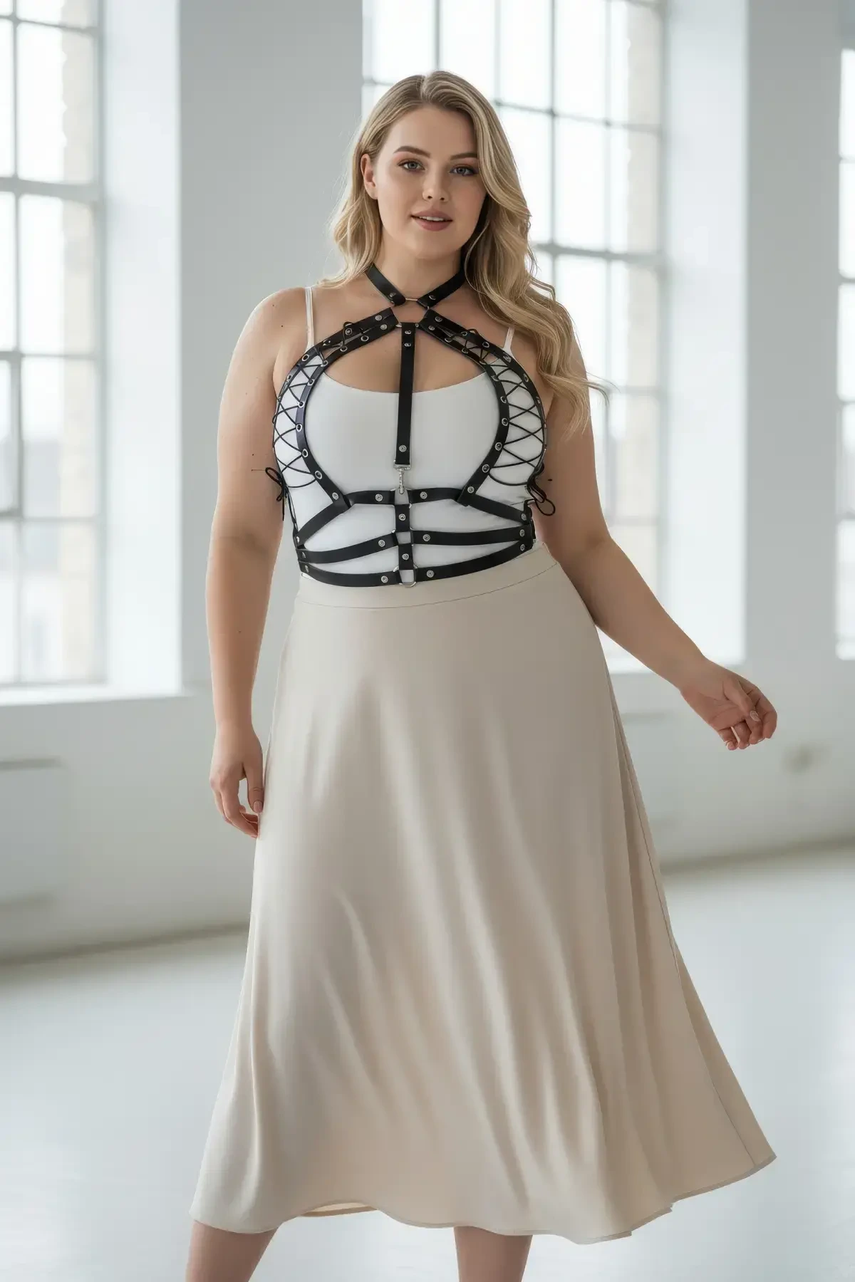 Plus Size Black Women's Belt Lace-up Corset Style Leather Harness - APFT1077