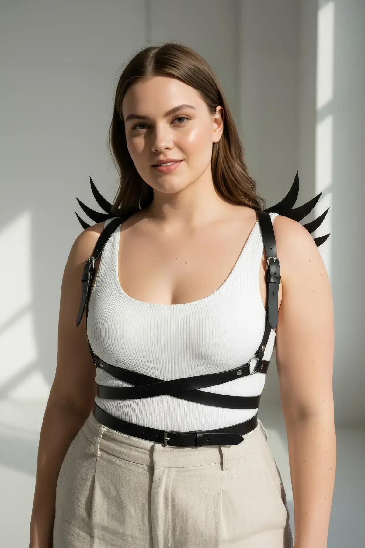 Plus Size Black Women's Belt Wing Detailed Leather Harness Body Accessory - APFT1097