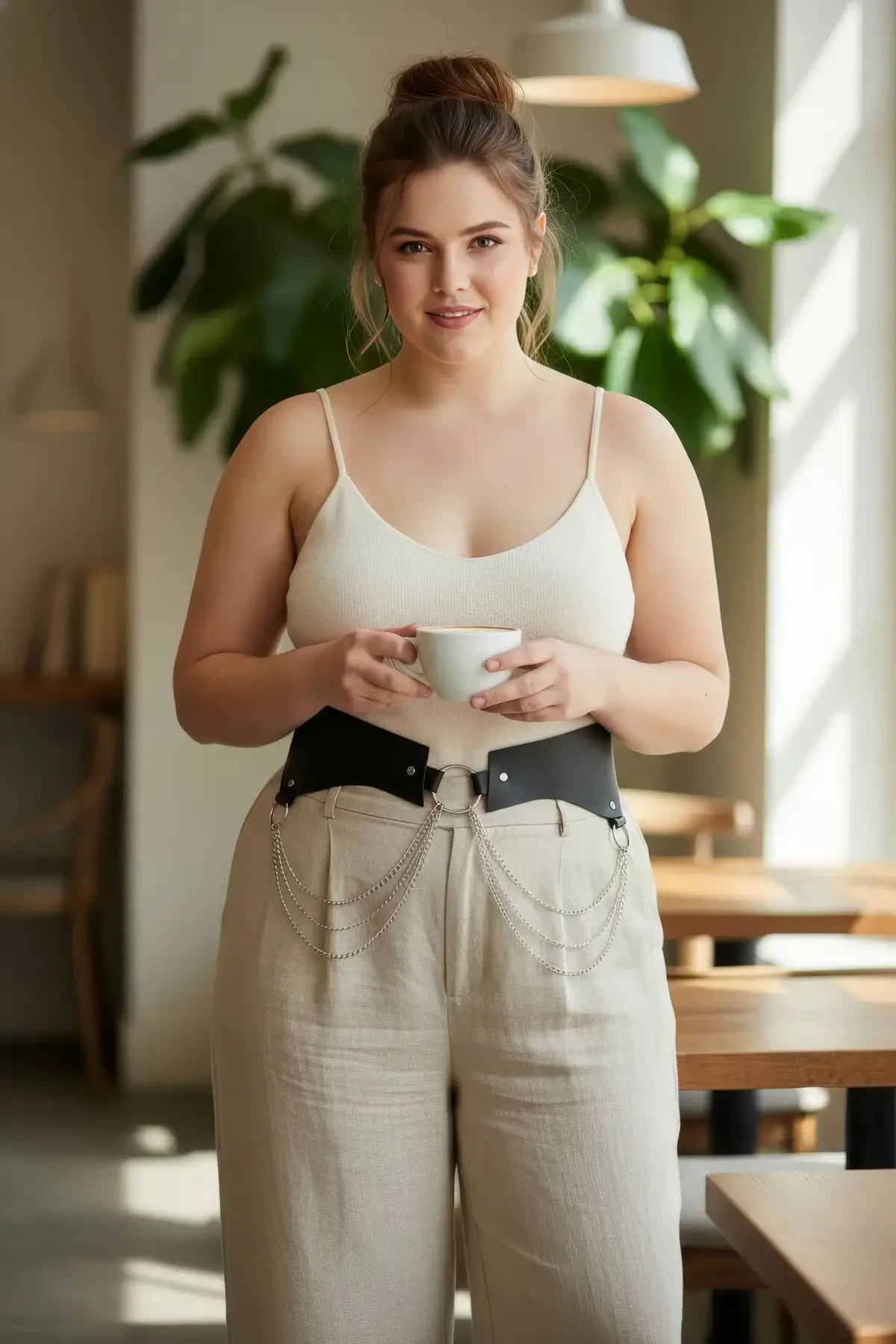 Plus Size Black Women's Belt Chain Detailed Corset Design - APFT1121