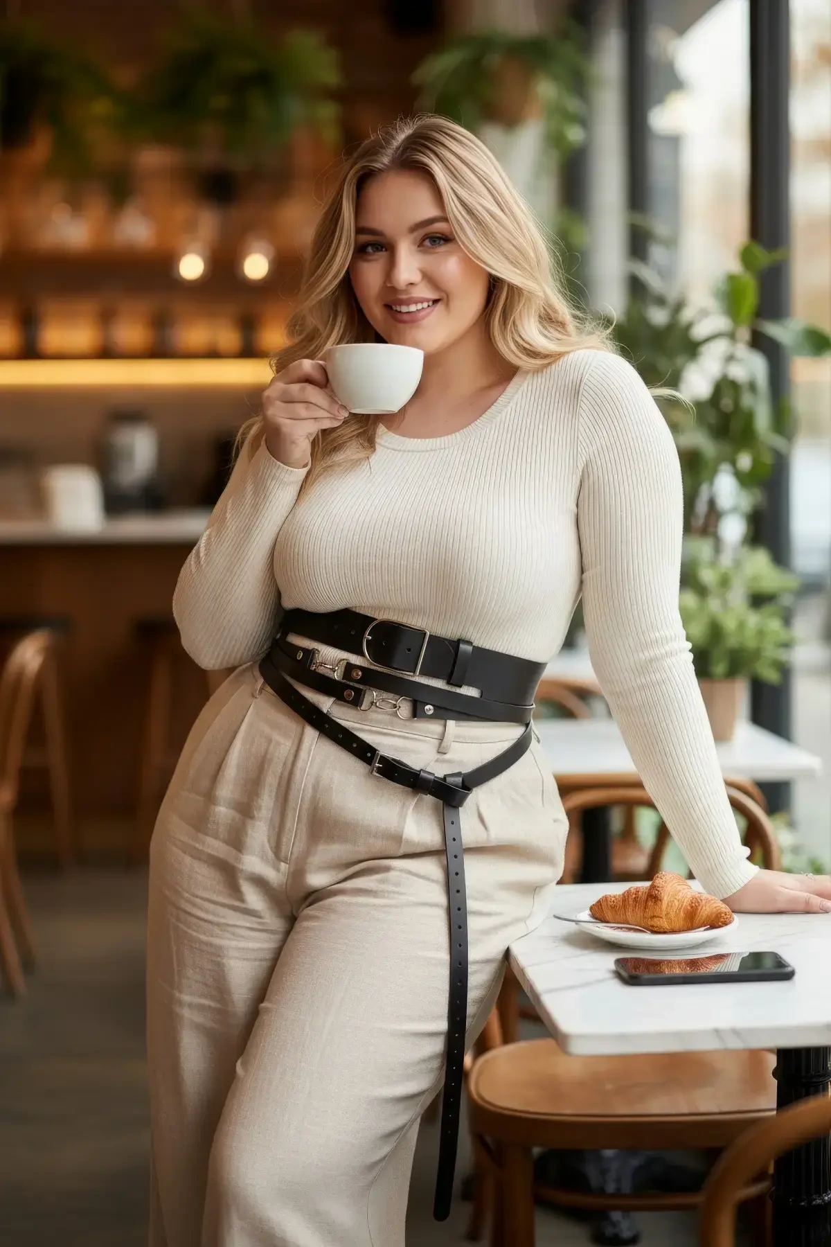 Plus Size Black Women's Belt with Corset Look Multi-Layered Buckle - APFT1129