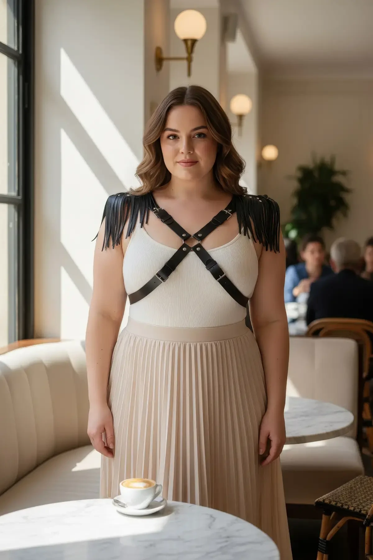 Plus Size Black Women's Belt Leather Harness Body Accessory Shoulder Tassel Detailed - APFT1240