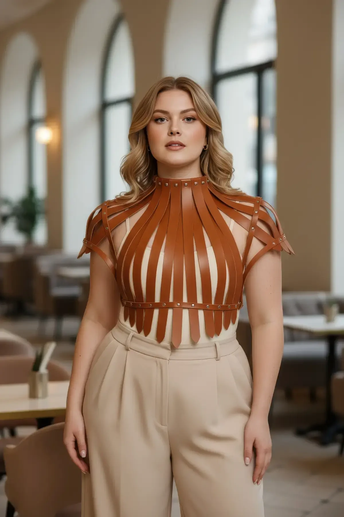 Plus Size Tan Women's Belt Shoulder Strap Staple Detailed Corset Design - APFT1257