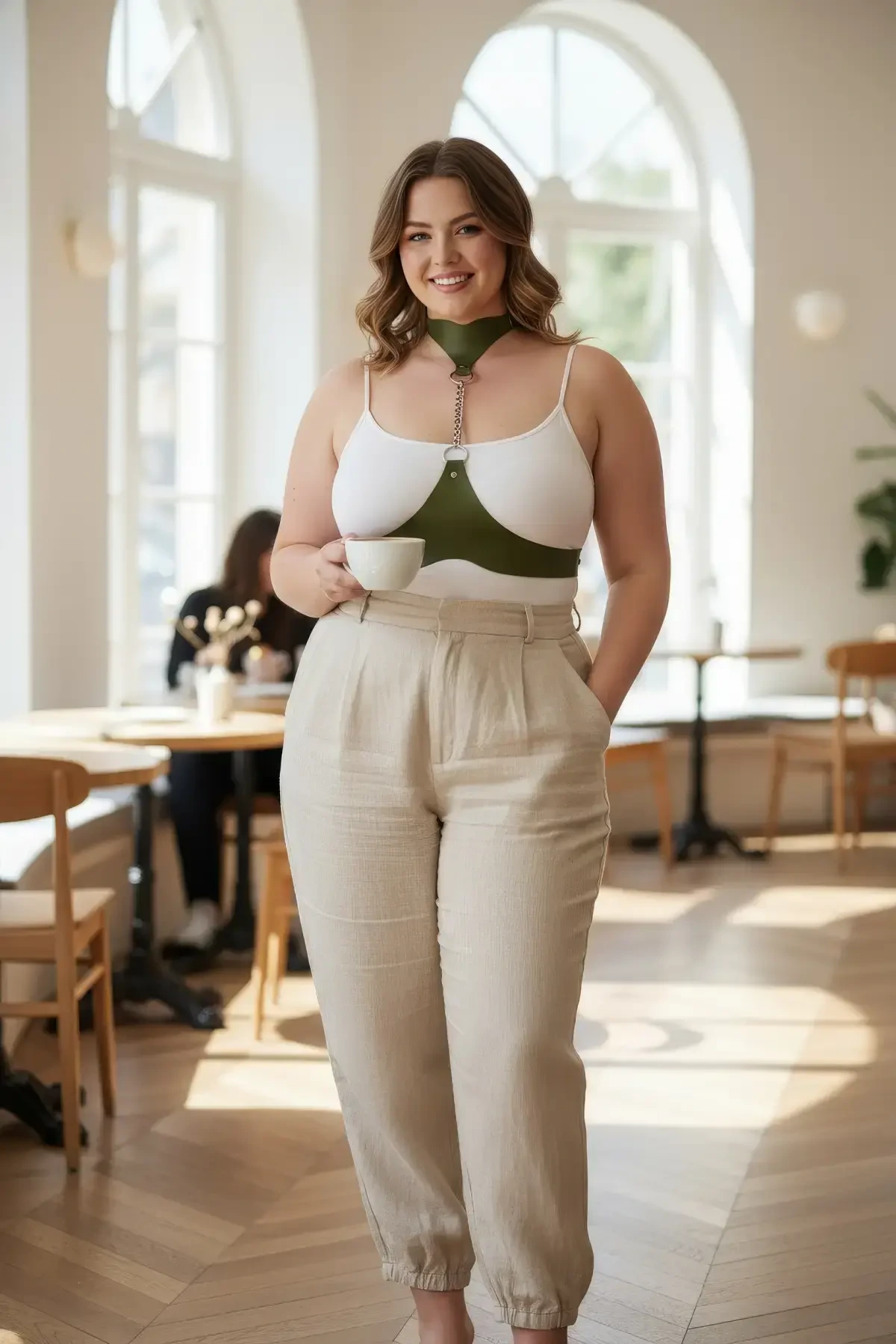 Plus Size Khaki Women's Belt Leather Harness Chain Detailed Body Accessory - APFT1265