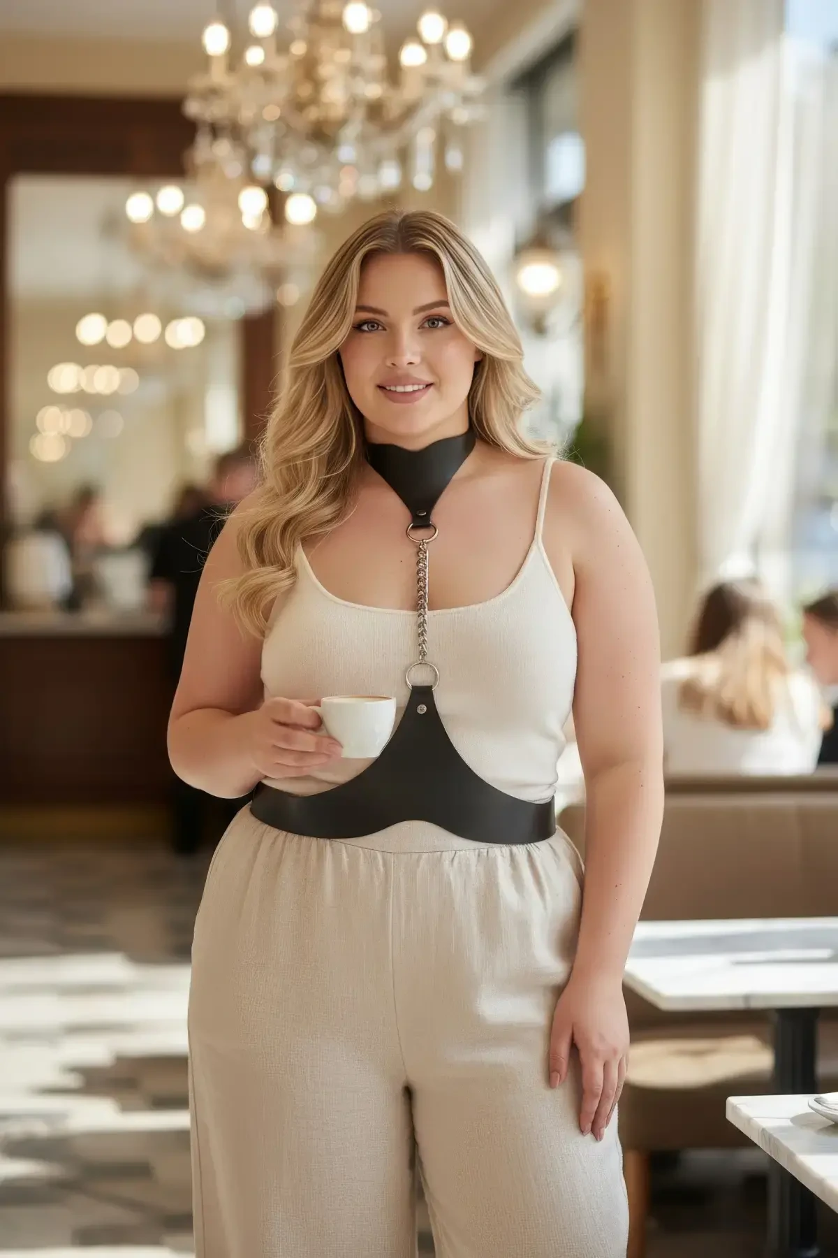 Large Size Black Women's Leather Body Belt with Chain Detail Outfit Accessory - APFT1265