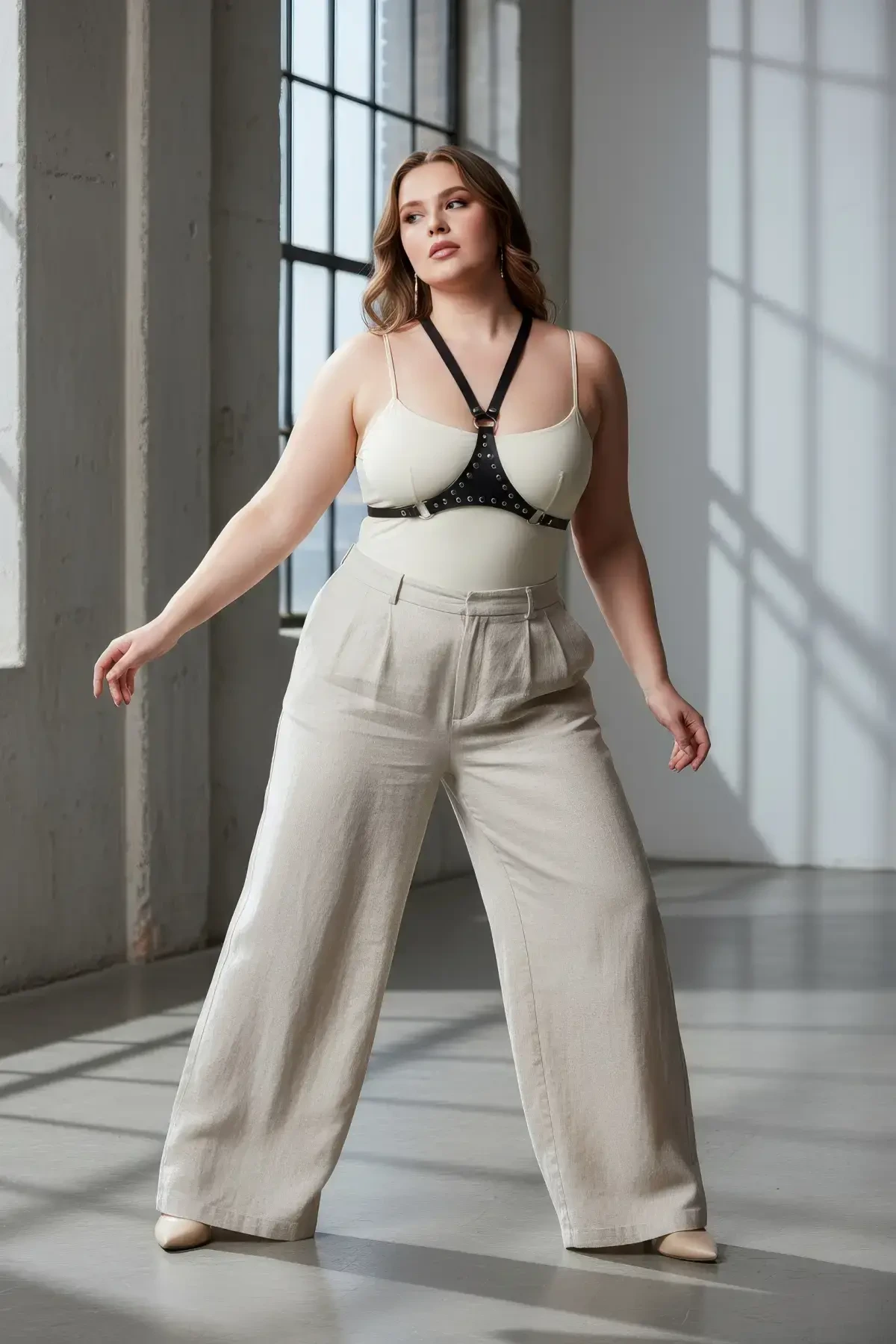 Plus Size Black Women's Belt & Ring Detailed Leather Body Accessory - APFT1279