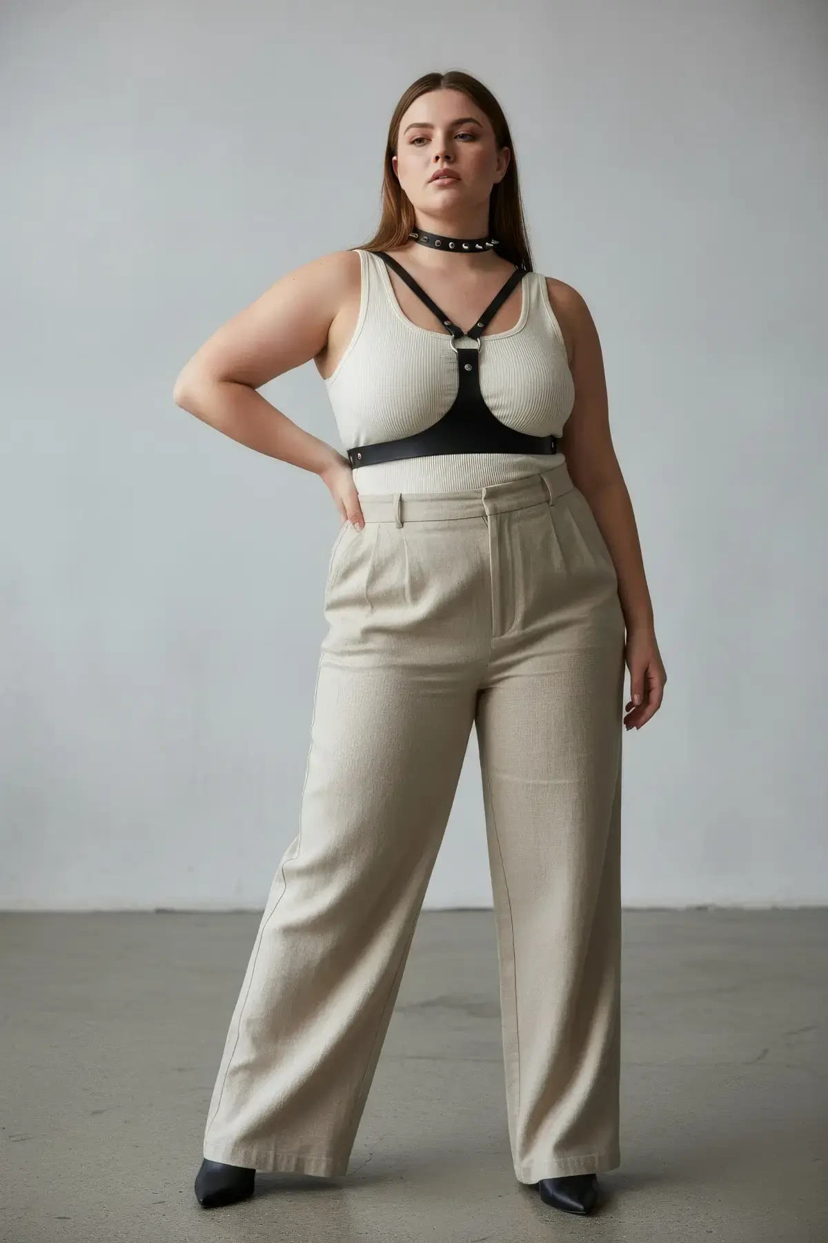 Plus Size Black Women's Belt Staple Detailed Leather Harness Body Accessory - APFT1299