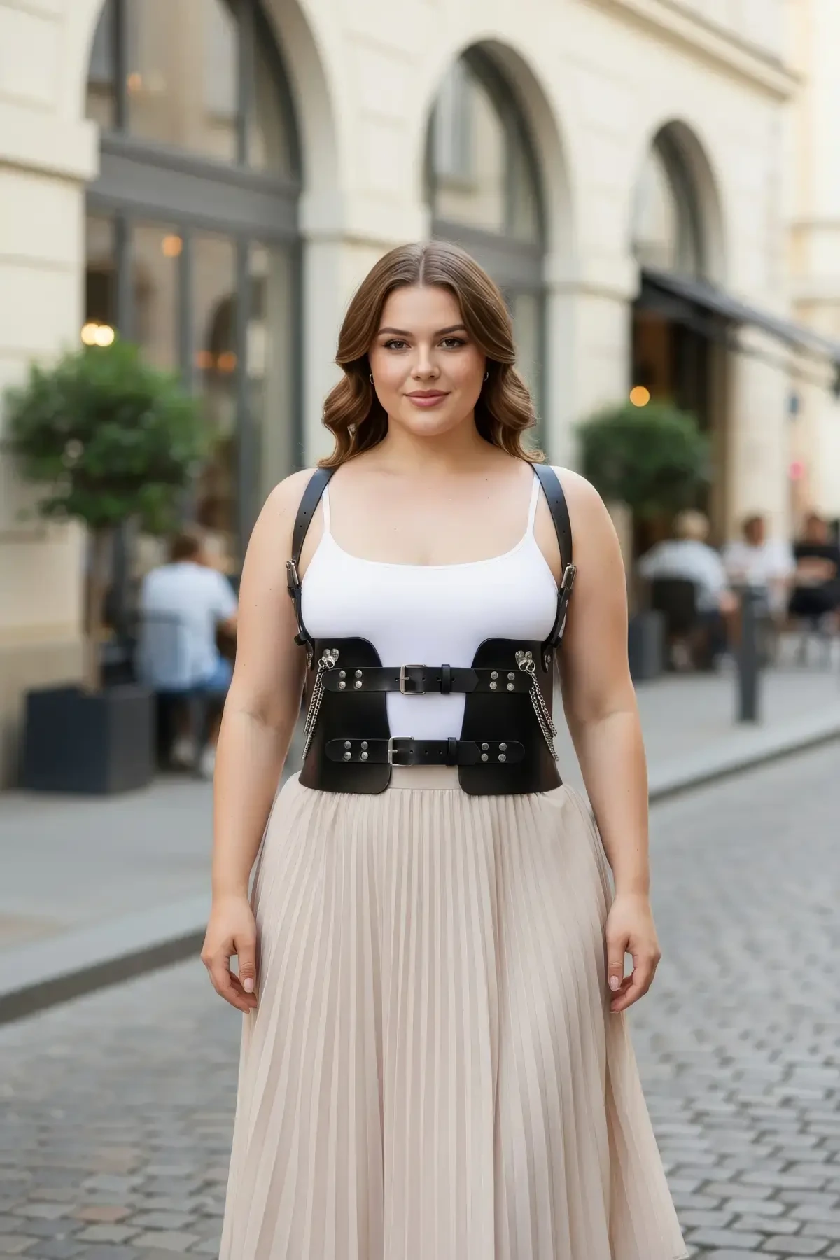 Plus Size Black Women's Belt Corset Look with Chain Detail - APFT1300
