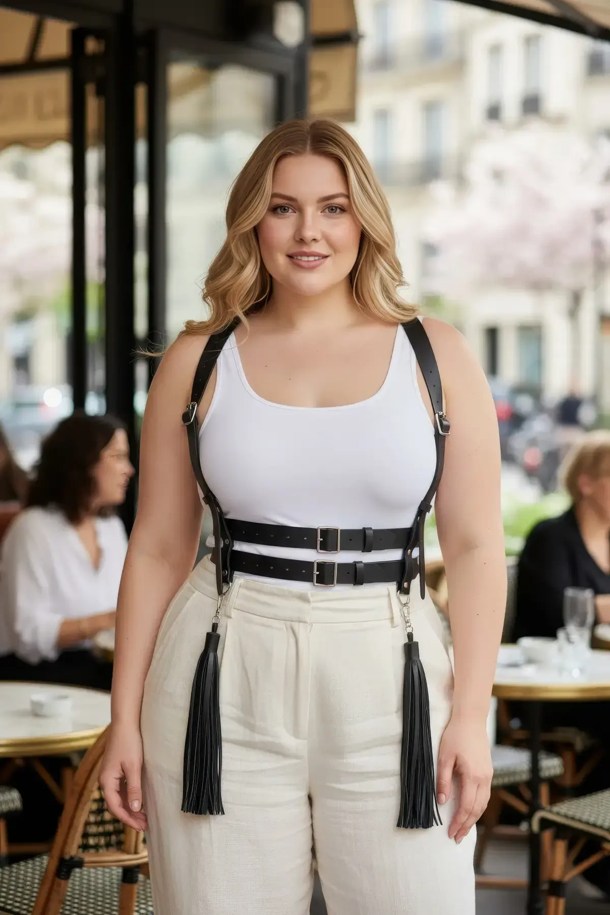 Plus Size Black Women's Belt Suspender Corset Style Leather Body Accessory with Tassel Detail - APFT1393