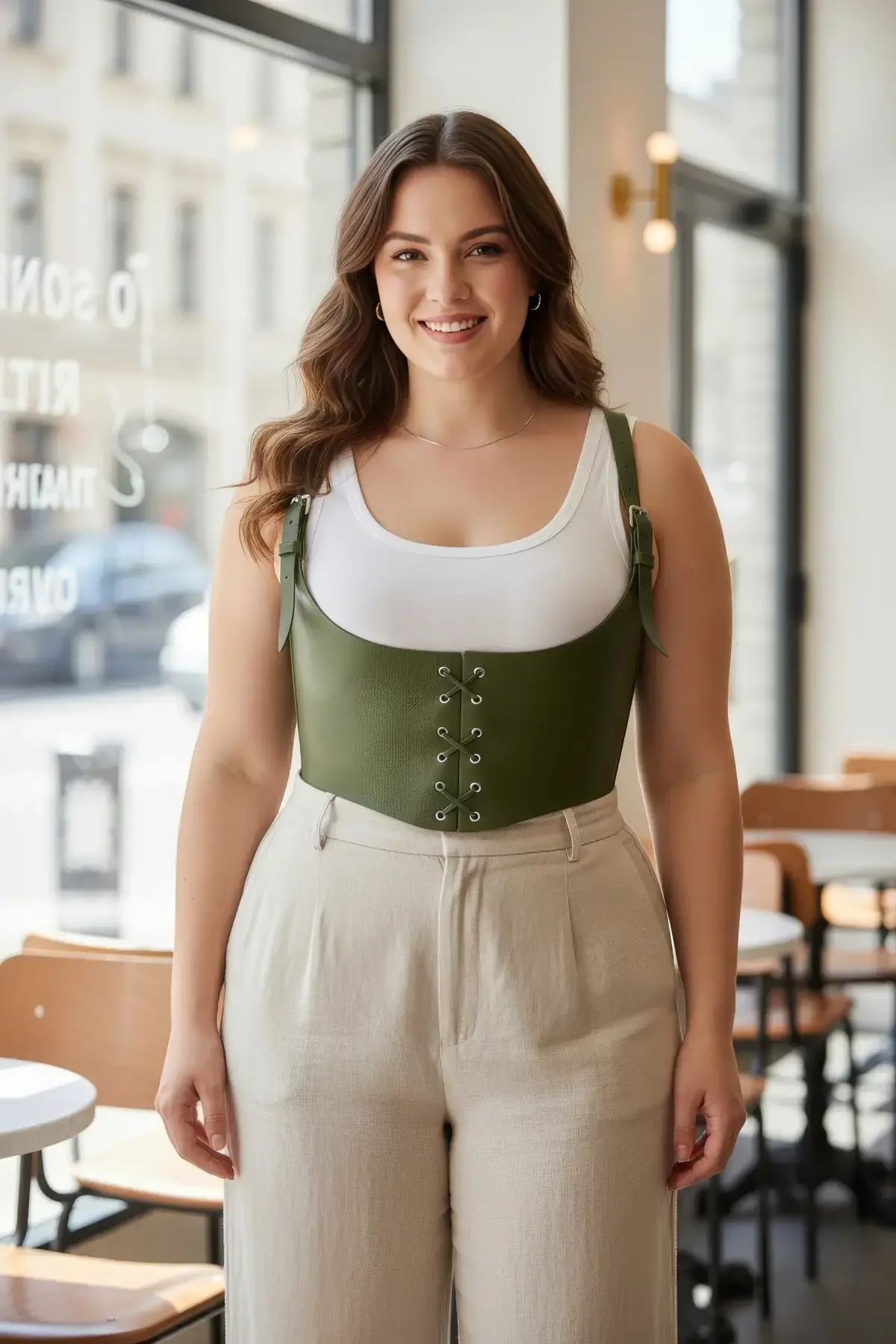 Plus Size Khaki Women's Belt with Corset Look and Tie Detail - APFT1428