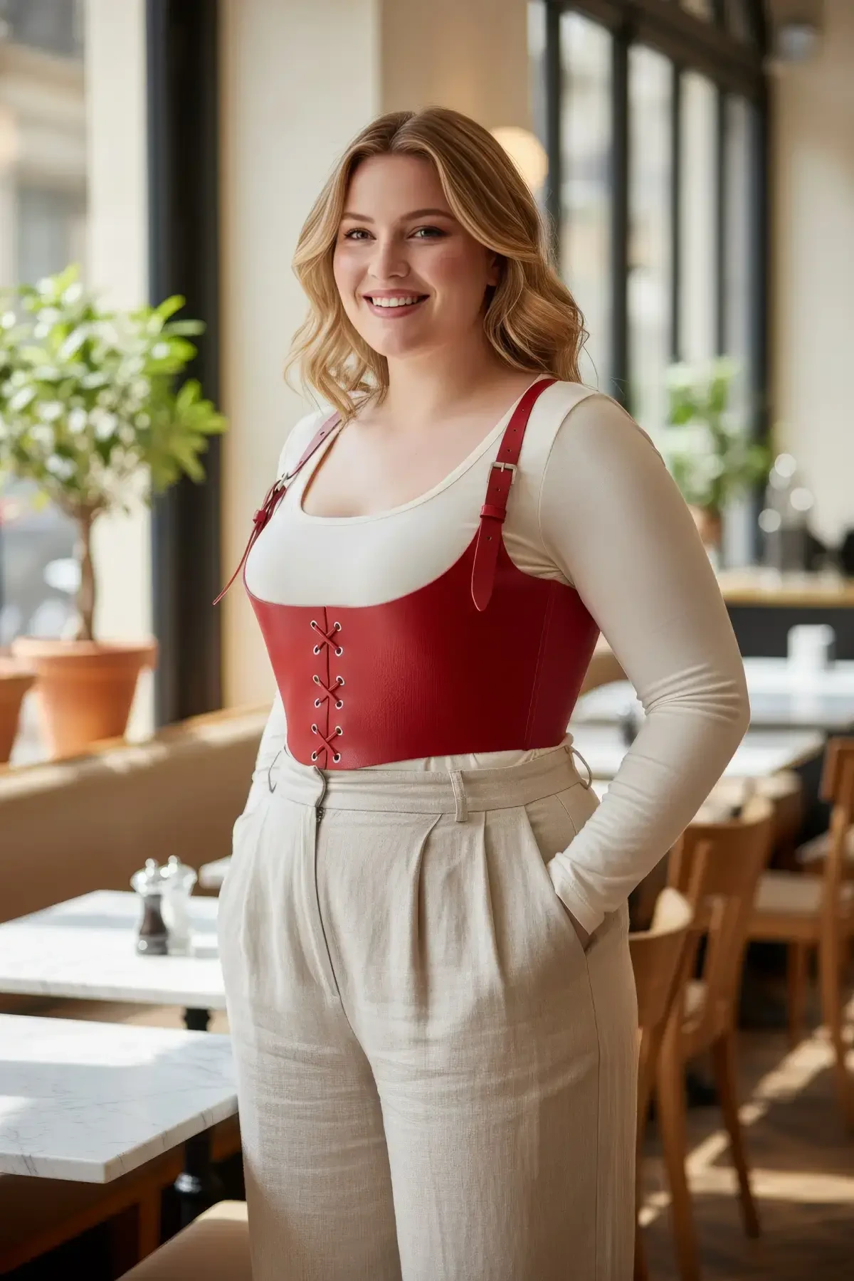 Plus Size Red Women's Belt Laced Leather Corset Harness - APFT1428