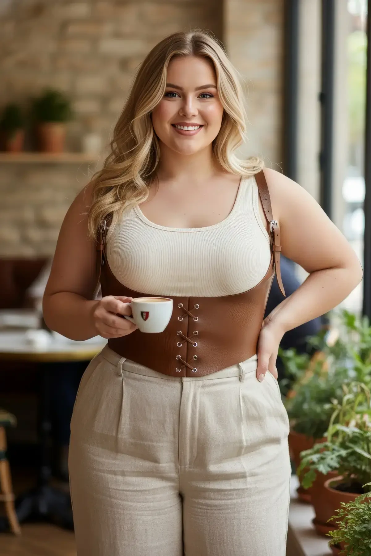Plus Size Tan Women's Leather Corset with Belt and Shoulder Straps - APFT1428