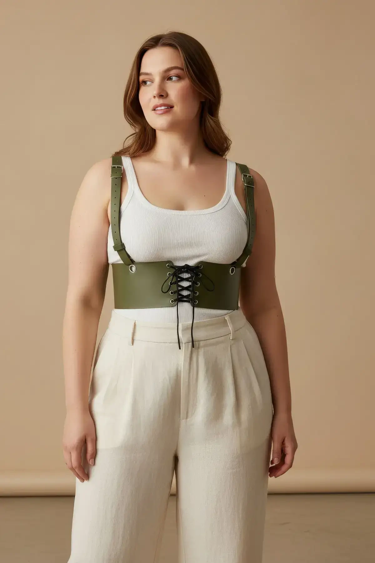 Plus Size Khaki Women's Corset Style with Belt Shoulder Straps - APFT1429