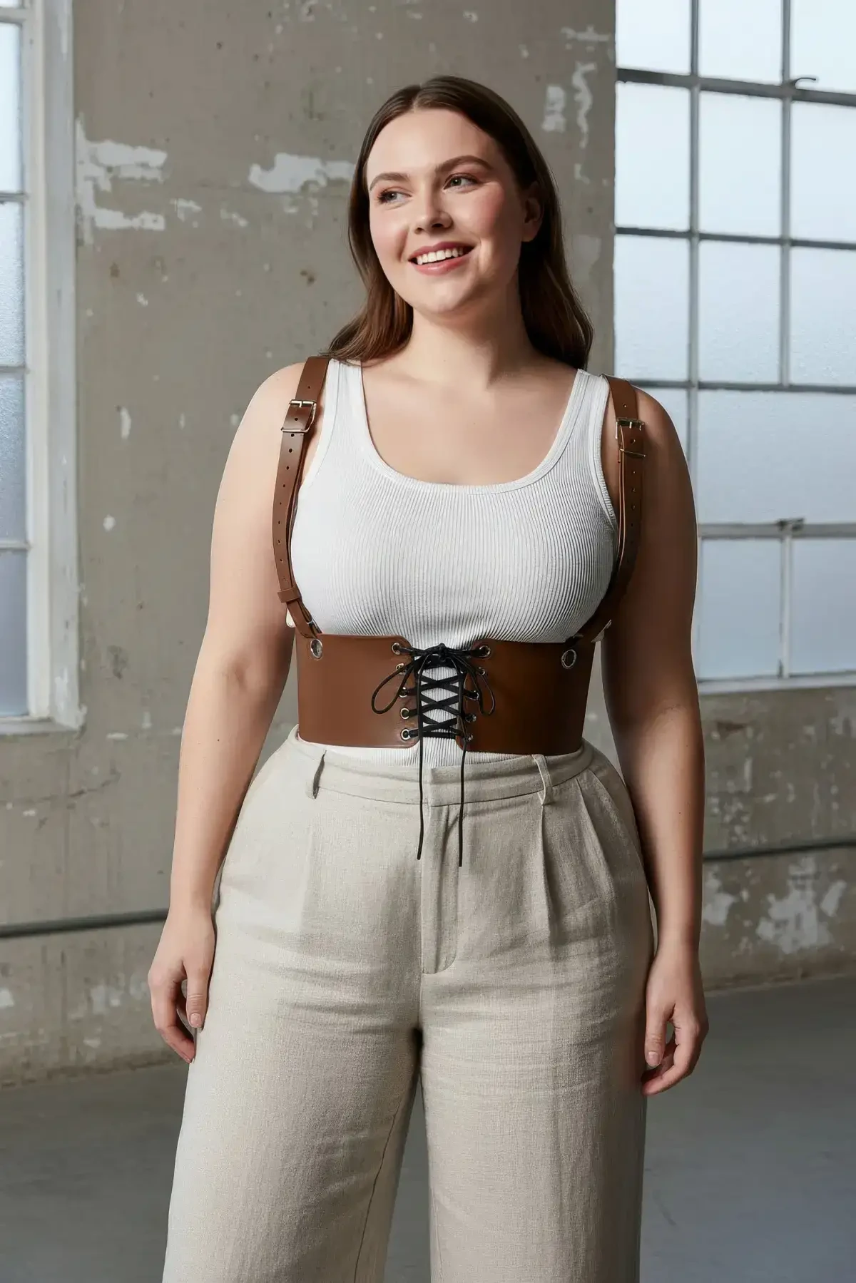 Plus Size Tan Women's Corset Belt with Shoulder Straps and Lace Detail - APFT1429