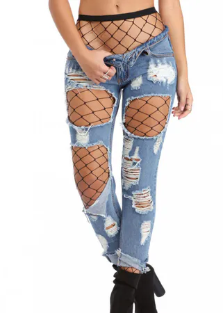 Black Fishnet Tights worn under ripped light wash jeans, with a black elastic waistband visible at the top.
