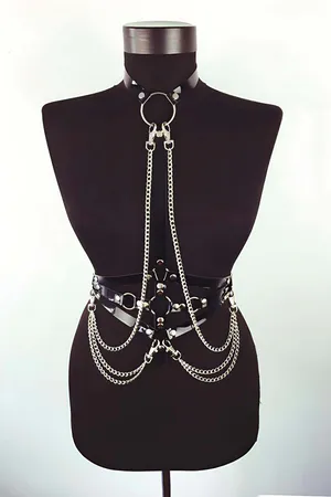 Black Faux Leather Chained Body Harness with Choker and O-Rings