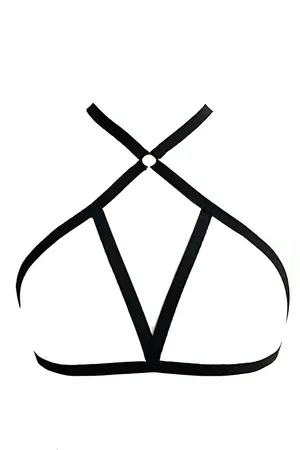 Black Strappy Chest Harness Lingerie with Choker and Silver O-Ring