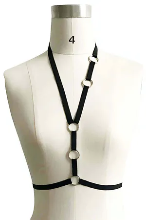 Black Strappy Chest Harness O-Rings Adjustable Polyester Webbing