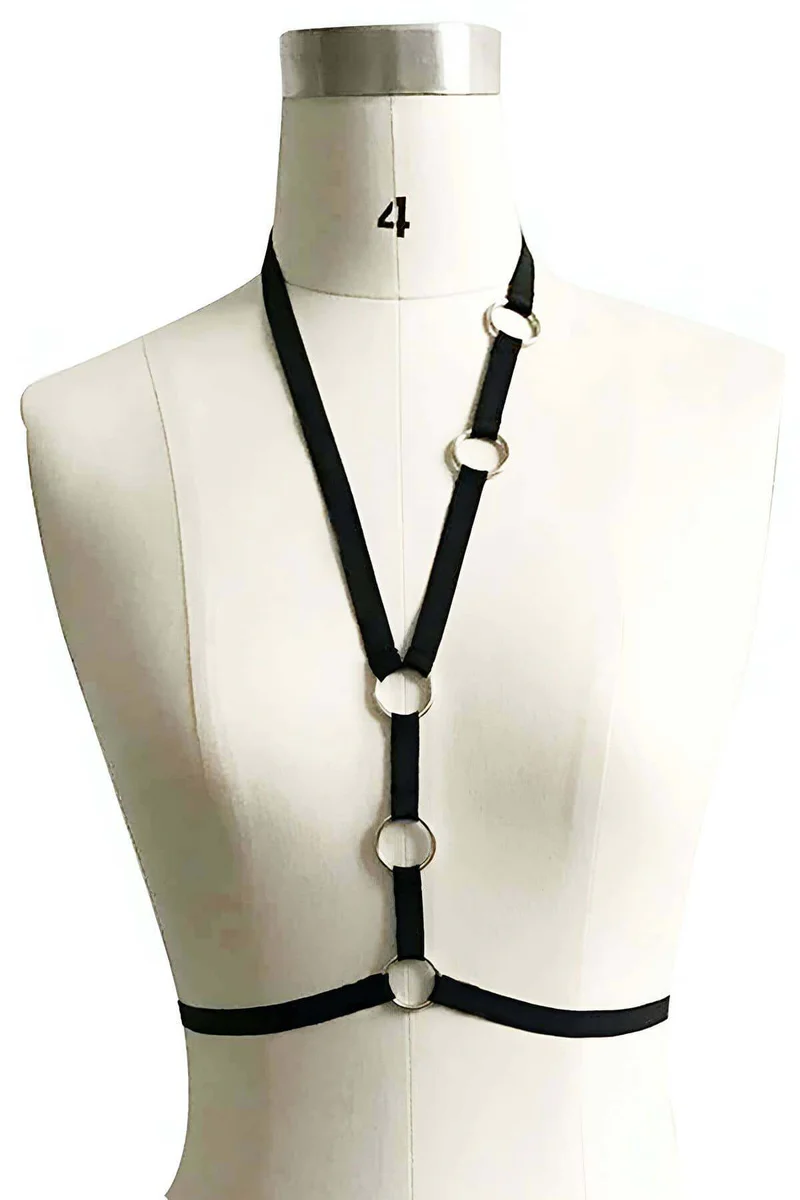 Black Strappy Chest Harness O-Rings Adjustable Polyester Webbing