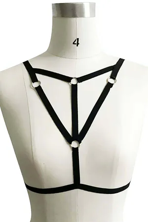 Black Elastic Caged Chest Harness O-Rings Adjustable Straps