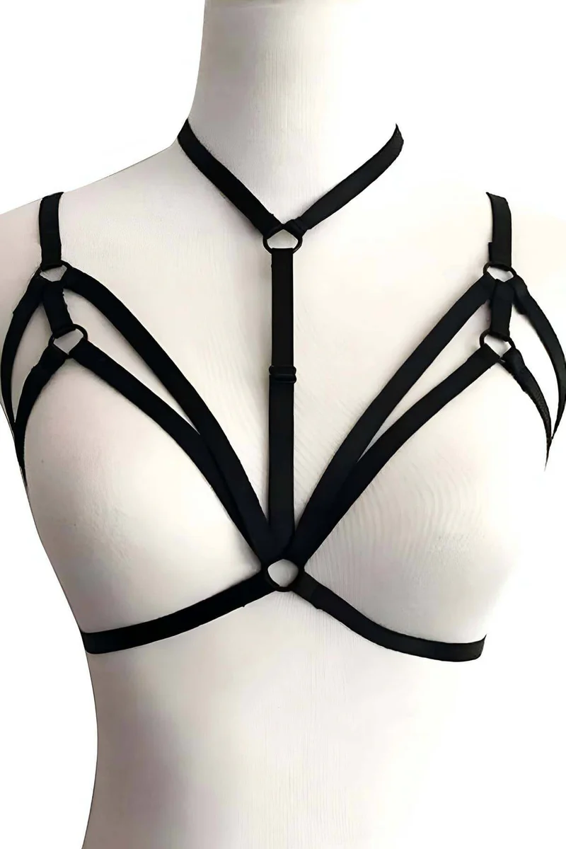 Black lingerie harness front view with choker