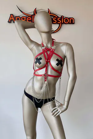 Red Faux Leather Caged Chest Harness Hip Chains Women