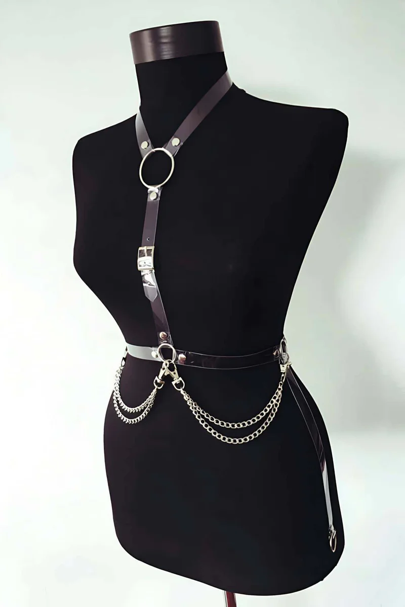 Black Faux Leather Harness Close