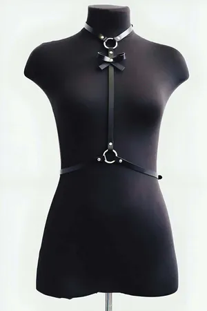 Black Faux Leather Chest Harness with Decorative Bow and Waist Belt