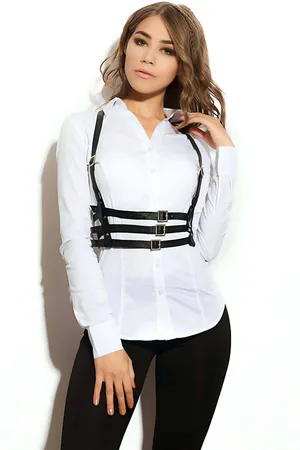 Black faux leather triple strap chest harness with metal buckles and O-ring