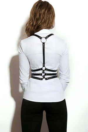 Black faux leather triple strap chest harness with metal buckles and O-ring