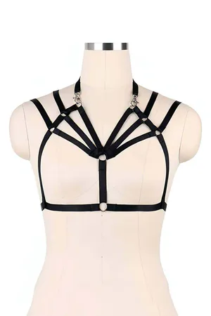 Black vegan leather strappy O-ring harness with star detail