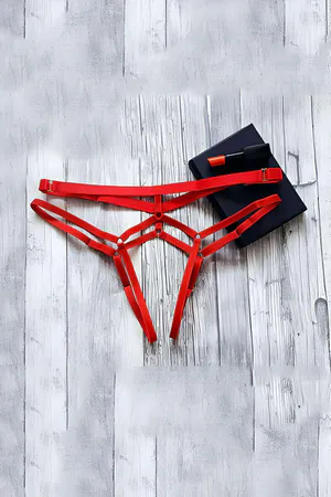 Red Harness Thong Panties Adjustable Straps Flat Lay