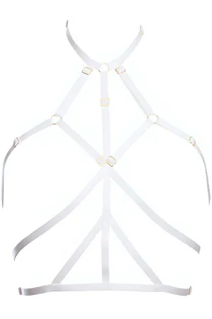 White vegan leather strappy chest harness with gold hardware
