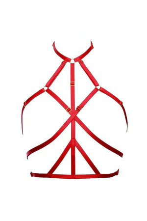 Red vegan leather halter body harness with gold-tone O-rings and adjustable straps
