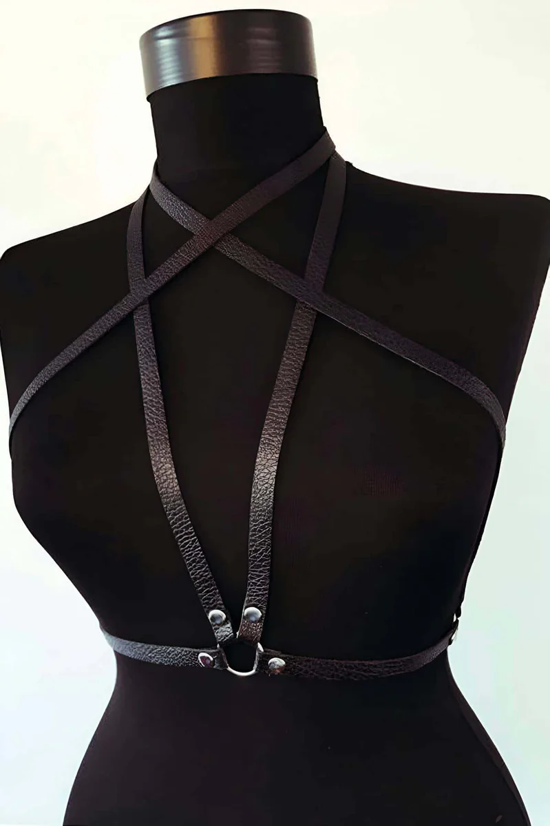 Black faux leather starburst chest harness with O-ring
