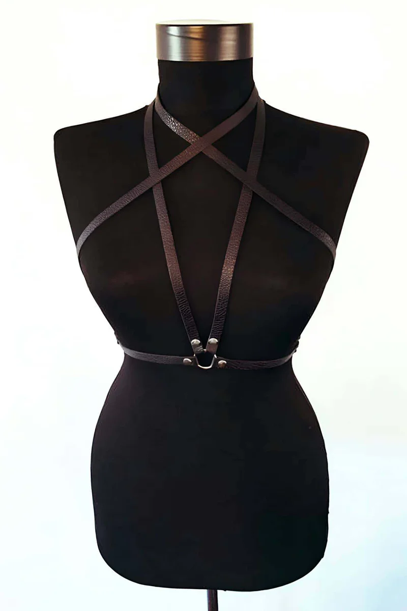 Black faux leather chest harness front view adjustable straps O-ring detail