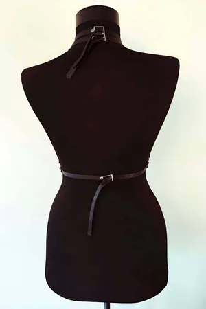 Black faux leather starburst chest harness with O-ring