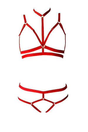 Red Strappy Body Harness and Thong Lingerie Set Front View Adjustable