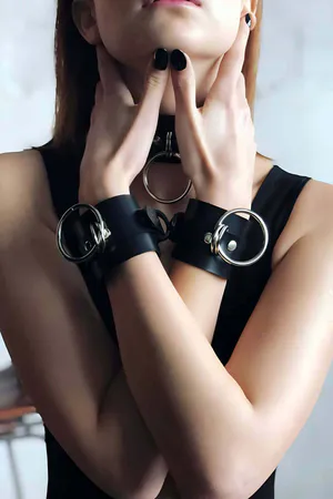 Black Faux Leather Choker Collar and Cuffs Set with Silver O-Rings